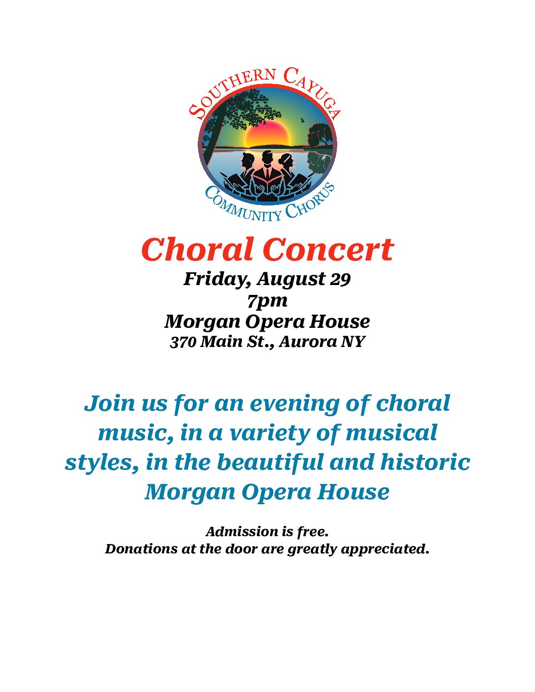 SC Community Chorus Friday August, 29 7pm